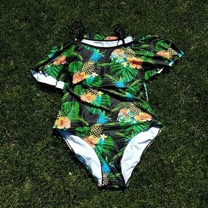 Ruffle top tropical print one piece swimsuit